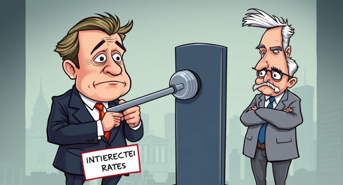 An illustration showing the IMF advising the Federal Reserve on the careful approach to Fed rate cuts to ensure economic stability.