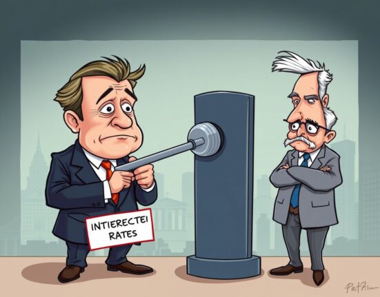 An illustration showing the IMF advising the Federal Reserve on the careful approach to Fed rate cuts to ensure economic stability.