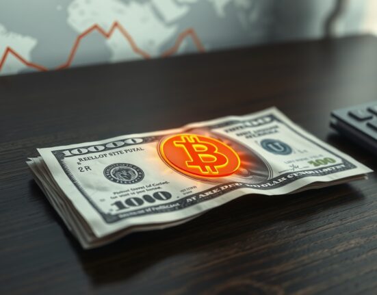 IMF global debt warning analysis with Bitcoin symbol on currency representing hedge potential.