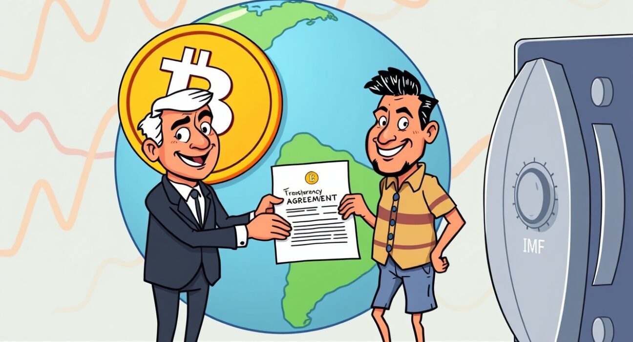 IMF and El Salvador negotiating to mitigate Bitcoin risks in a vibrant cartoon scene.