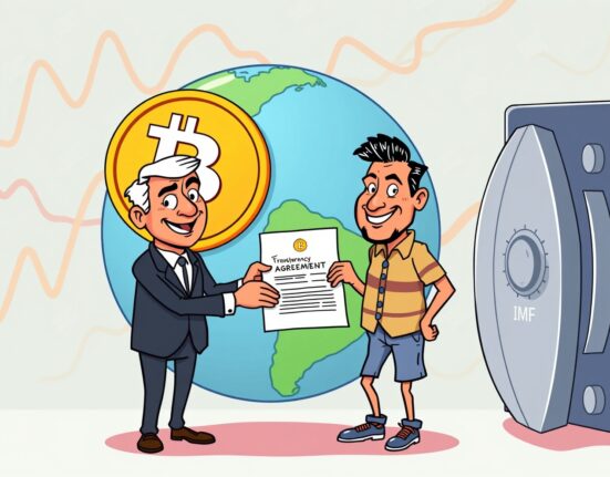 IMF and El Salvador negotiating to mitigate Bitcoin risks in a vibrant cartoon scene.