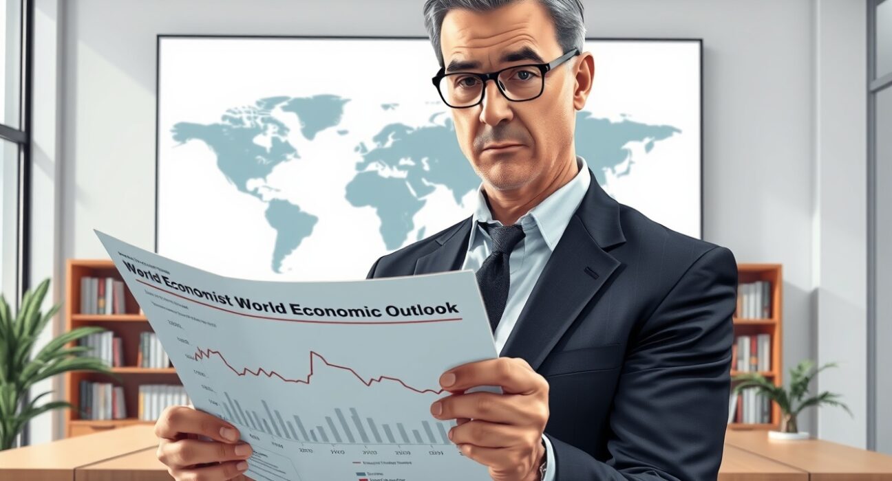 Economist analyzing IMF World Economic Outlook report with charts showing global growth forecasts.