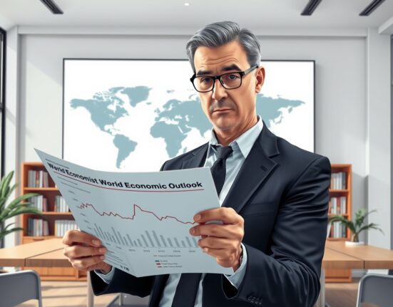 Economist analyzing IMF World Economic Outlook report with charts showing global growth forecasts.