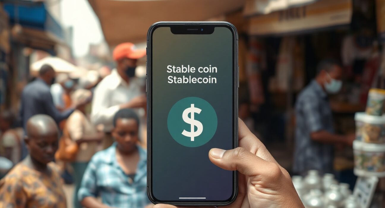 Smartphone showing stablecoin app in a Lagos market, representing Nigeria's crypto adoption