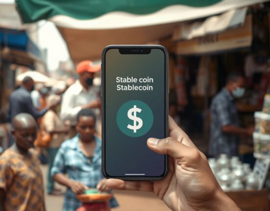 Smartphone showing stablecoin app in a Lagos market, representing Nigeria's crypto adoption