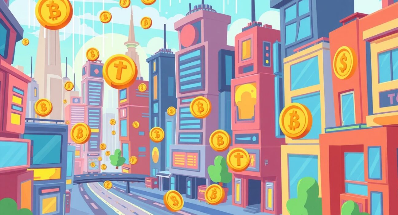 Tokenized markets illustration showing digital efficiency and potential crash risks in vibrant cartoon style