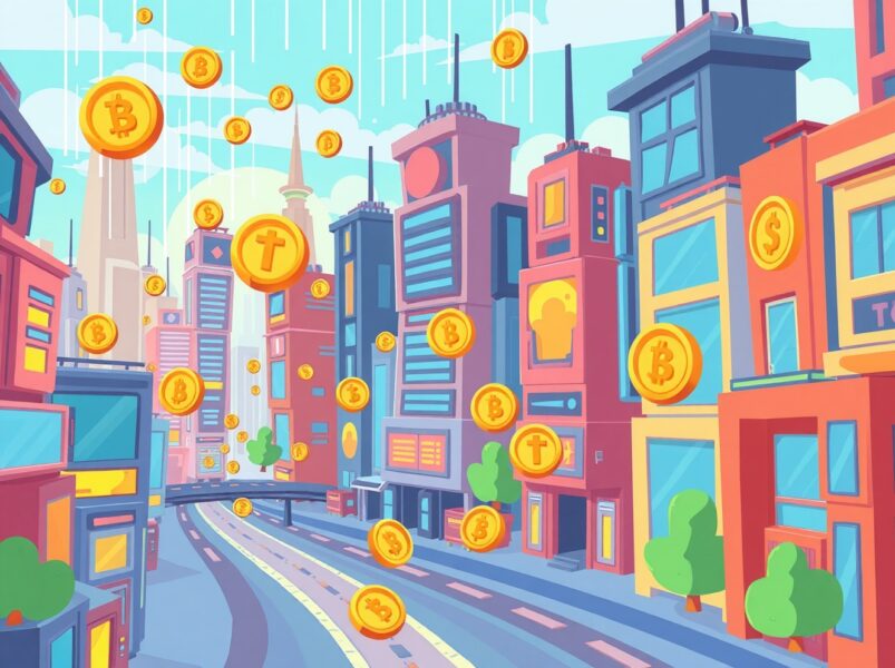 Tokenized markets illustration showing digital efficiency and potential crash risks in vibrant cartoon style