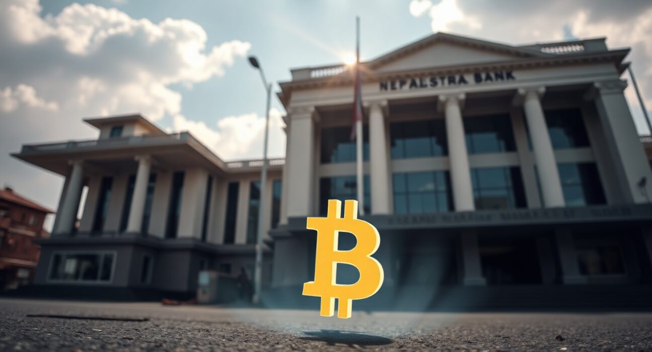 Nepal Rastra Bank building in Kathmandu with subtle crypto symbol in foreground