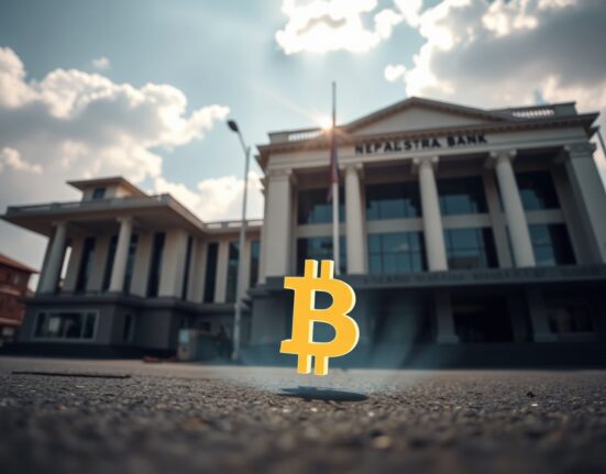 Nepal Rastra Bank building in Kathmandu with subtle crypto symbol in foreground