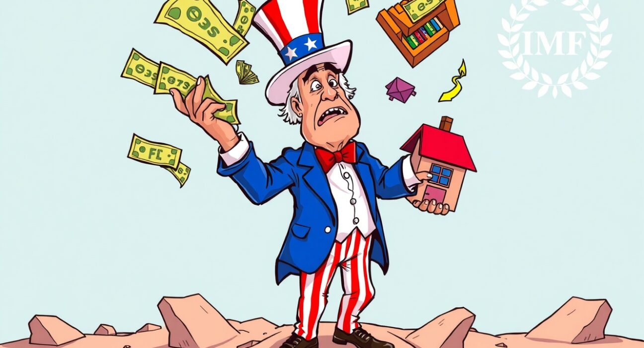 IMF warning about intensifying US economy pressures shown through cartoon economic symbols