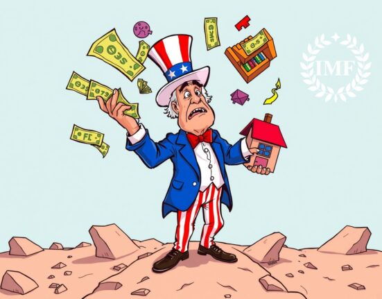 IMF warning about intensifying US economy pressures shown through cartoon economic symbols