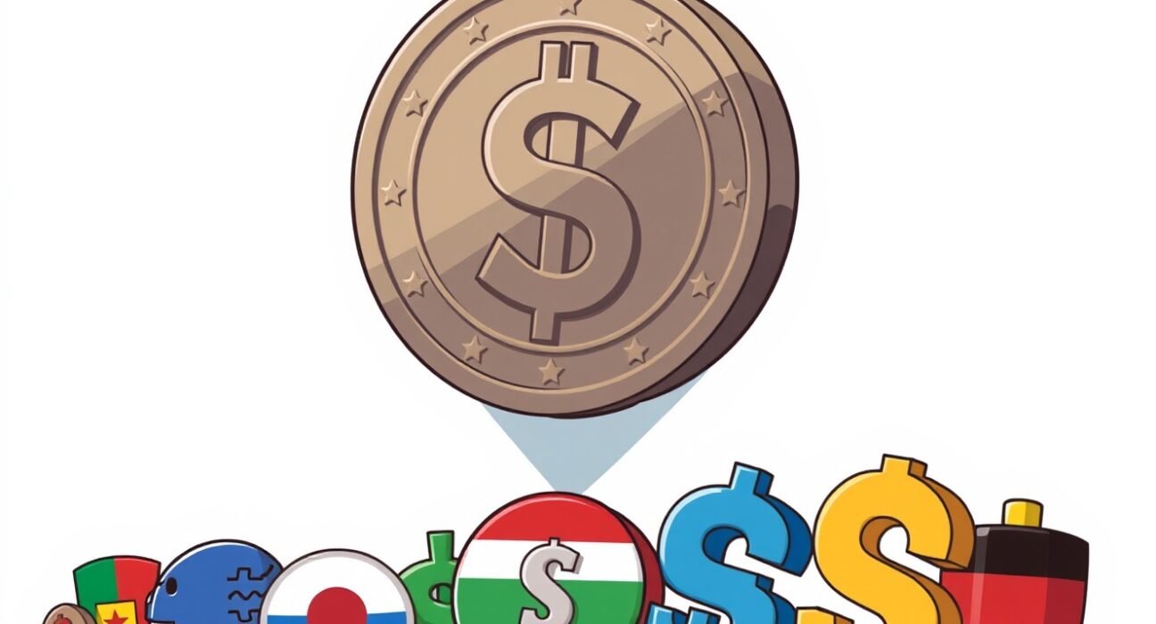 Cartoon illustration of dollar stablecoins threatening emerging market currency sovereignty