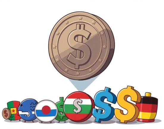 Cartoon illustration of dollar stablecoins threatening emerging market currency sovereignty