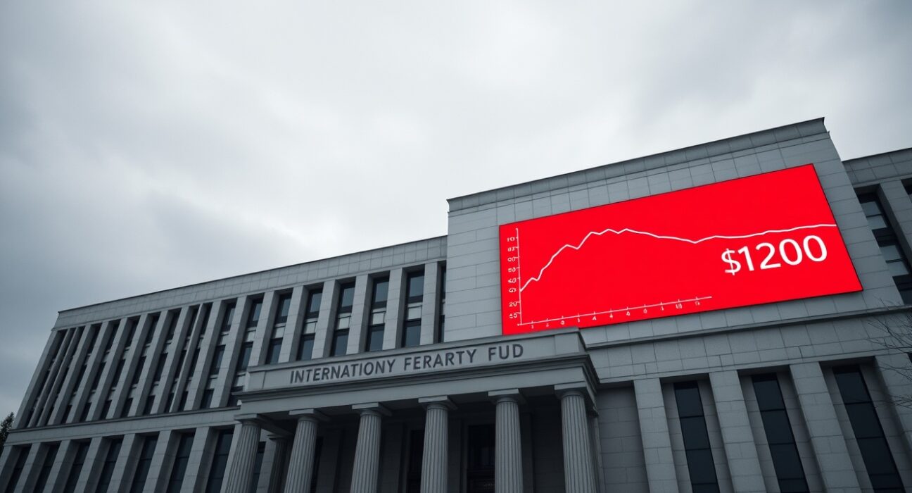 IMF headquarters building with digital display showing recession warning and $120 oil price