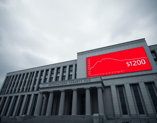 IMF headquarters building with digital display showing recession warning and $120 oil price