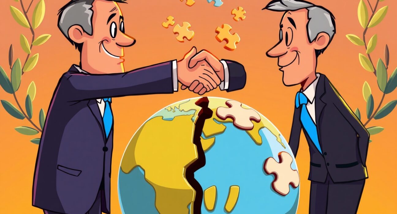 Hopeful cartoon illustration symbolizing an imminent Ukraine war resolution with diplomatic handshake.