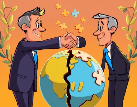 Hopeful cartoon illustration symbolizing an imminent Ukraine war resolution with diplomatic handshake.