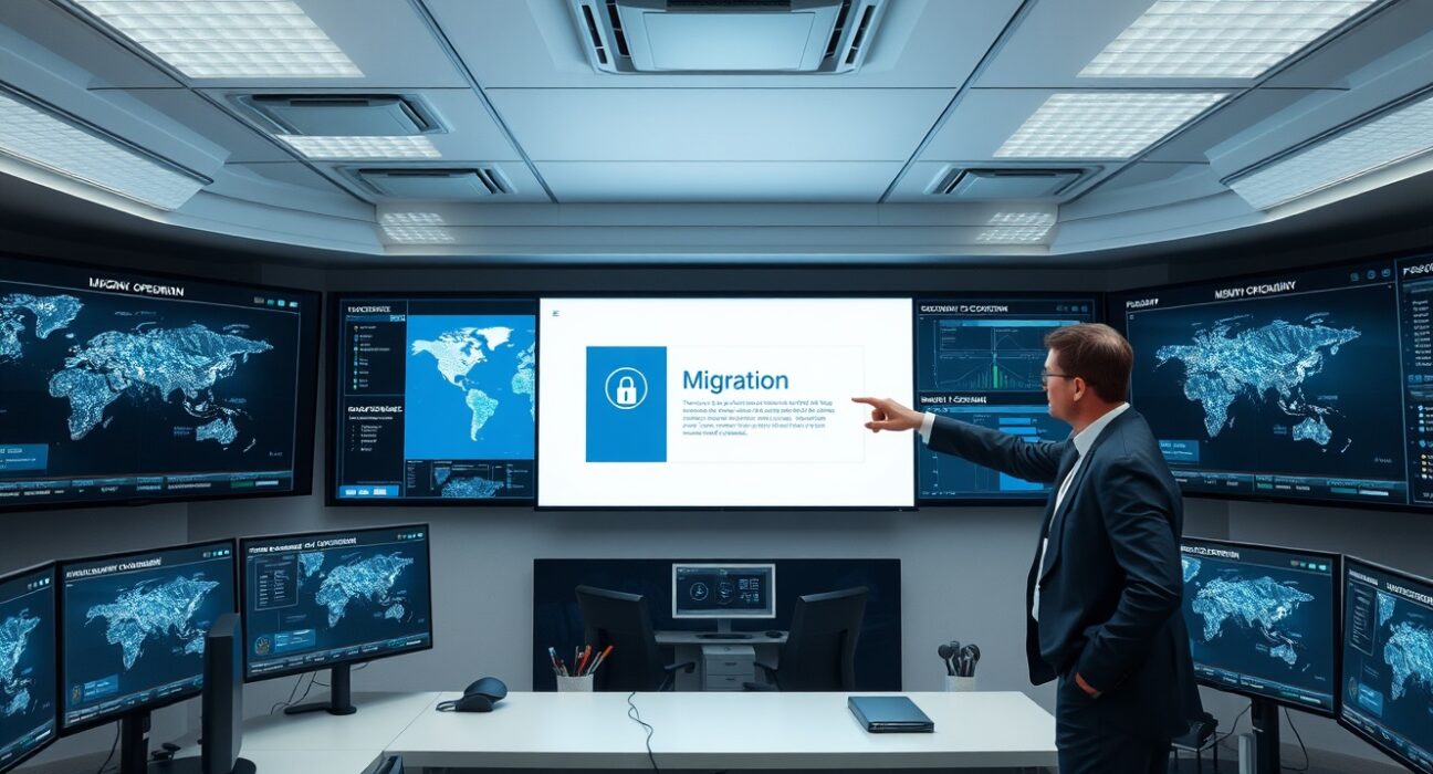 Digital security operations center with monitors showing blockchain bug bounty migration interface