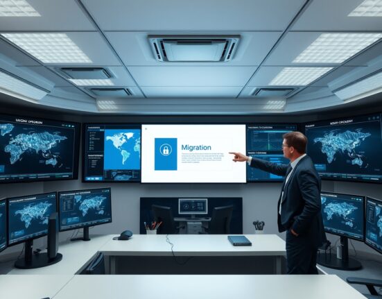 Digital security operations center with monitors showing blockchain bug bounty migration interface