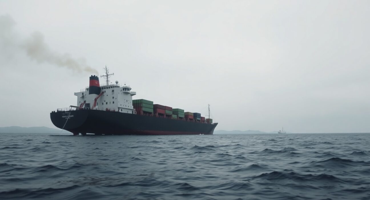 Damaged cargo ship in the Strait of Hormuz with smoke rising from its deck under overcast skies
