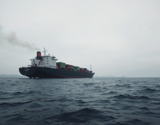 Damaged cargo ship in the Strait of Hormuz with smoke rising from its deck under overcast skies