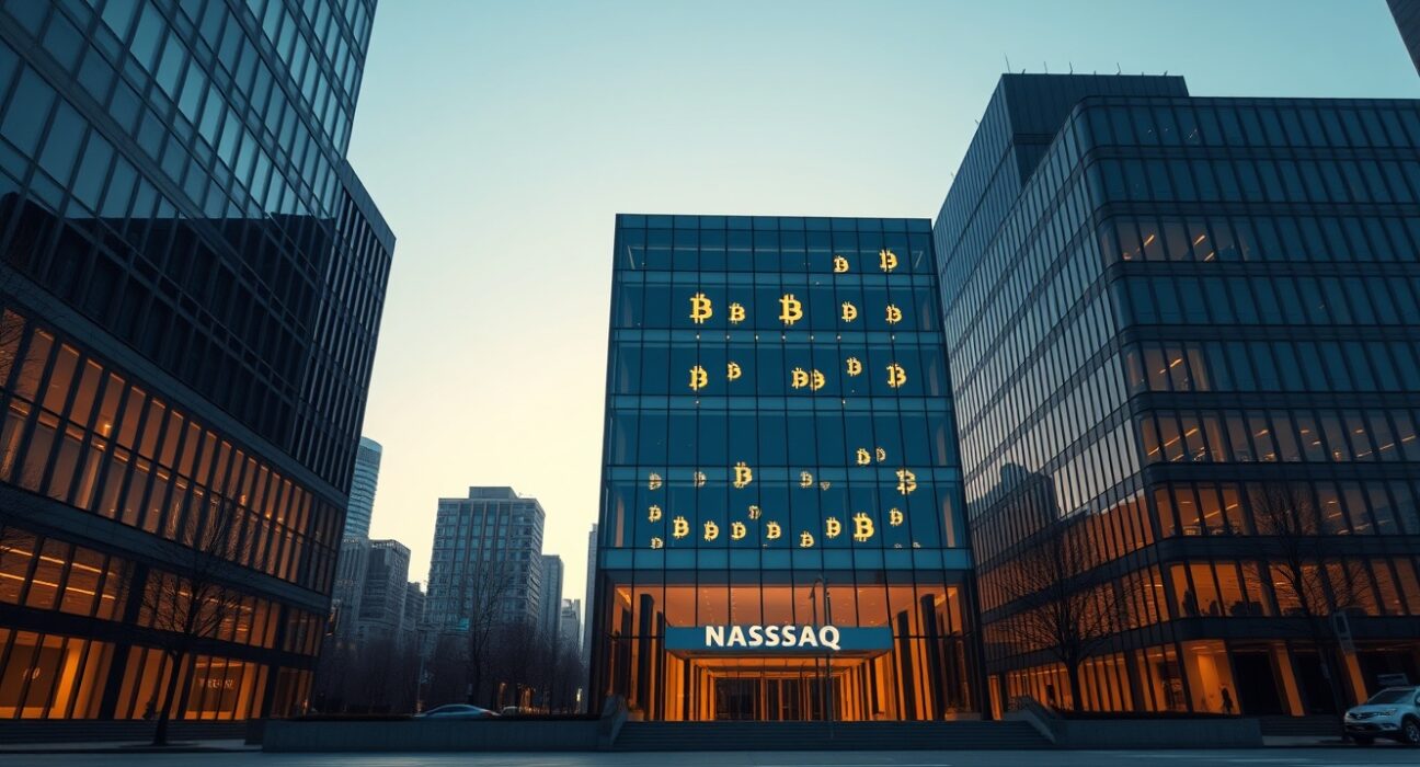 Exterior of Imperi Digital corporate headquarters with subtle Bitcoin imagery at dusk