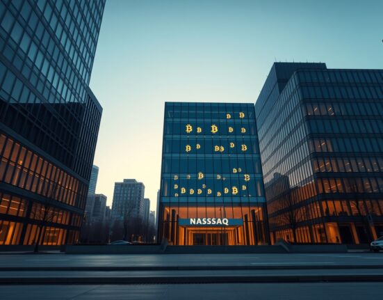Exterior of Imperi Digital corporate headquarters with subtle Bitcoin imagery at dusk