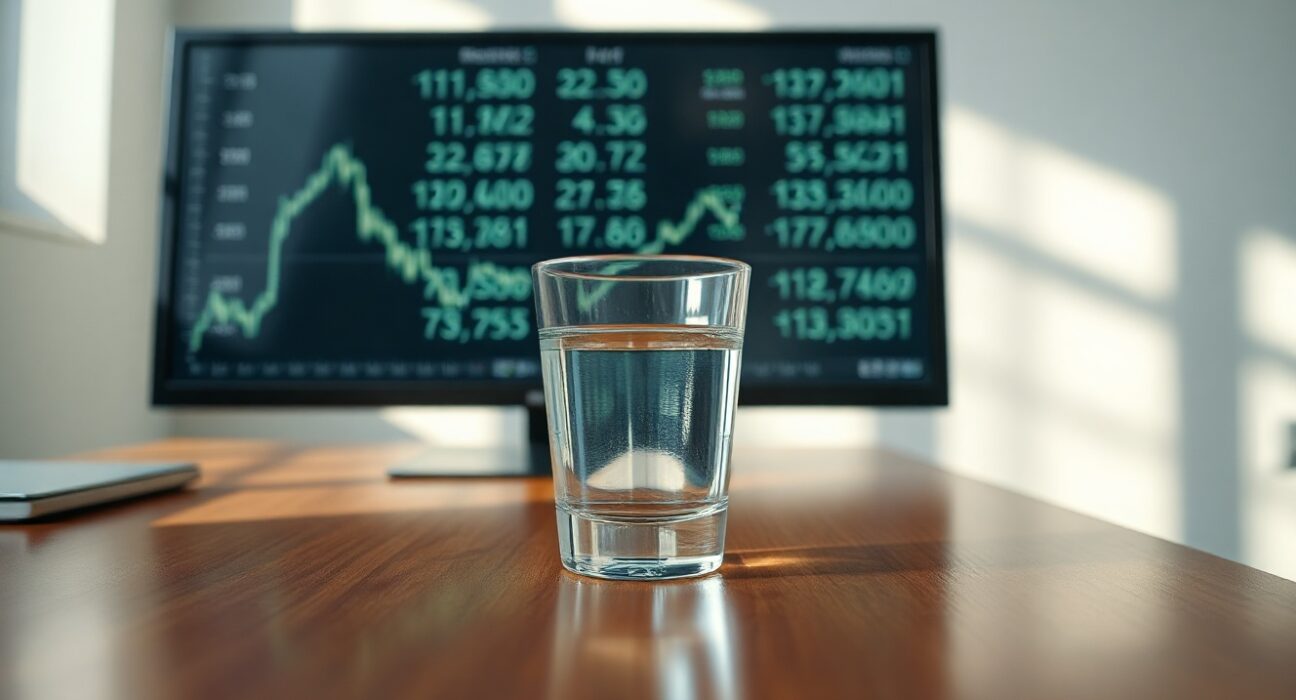 Glass of water on a desk with a blurred background of currency charts, symbolizing stability and resilience.
