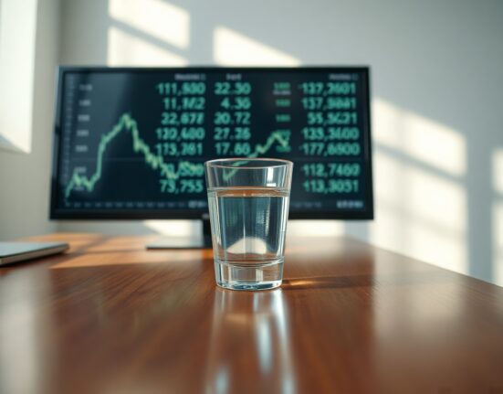 Glass of water on a desk with a blurred background of currency charts, symbolizing stability and resilience.
