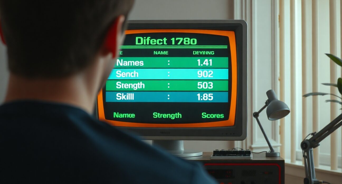Person viewing an AI vanity search scoreboard on a retro-style monitor