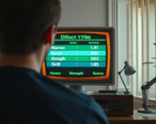 Person viewing an AI vanity search scoreboard on a retro-style monitor