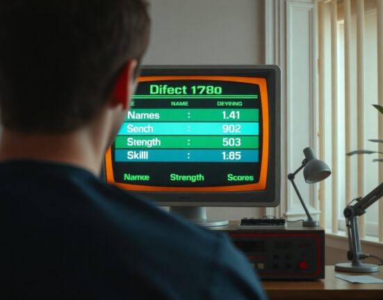 Person viewing an AI vanity search scoreboard on a retro-style monitor