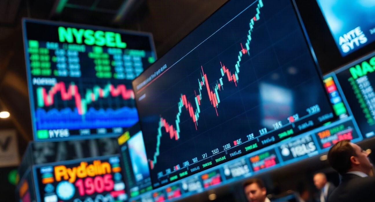 Trading floor with screens showing rising stock indexes amid market uncertainty