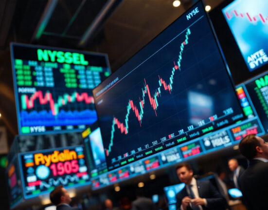 Trading floor with screens showing rising stock indexes amid market uncertainty