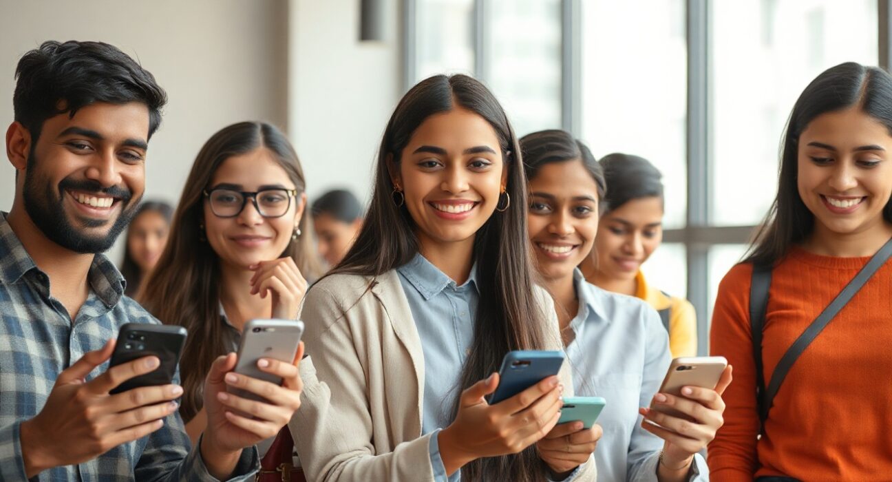 Young Indian professionals using smartphones in a café, representing growing app spending in India
