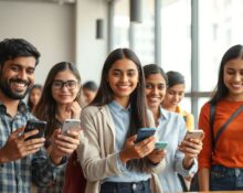 Young Indian professionals using smartphones in a caf&eacute;, representing growing app spending in India