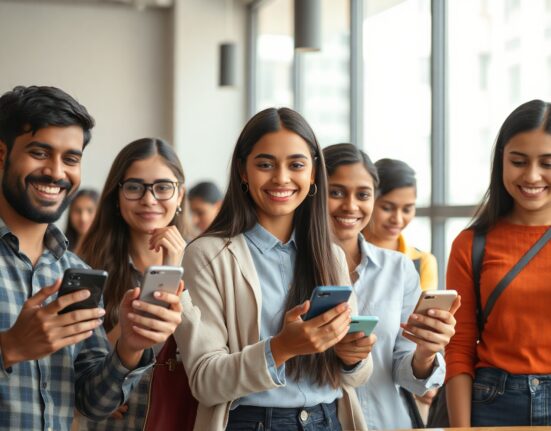 Young Indian professionals using smartphones in a café, representing growing app spending in India