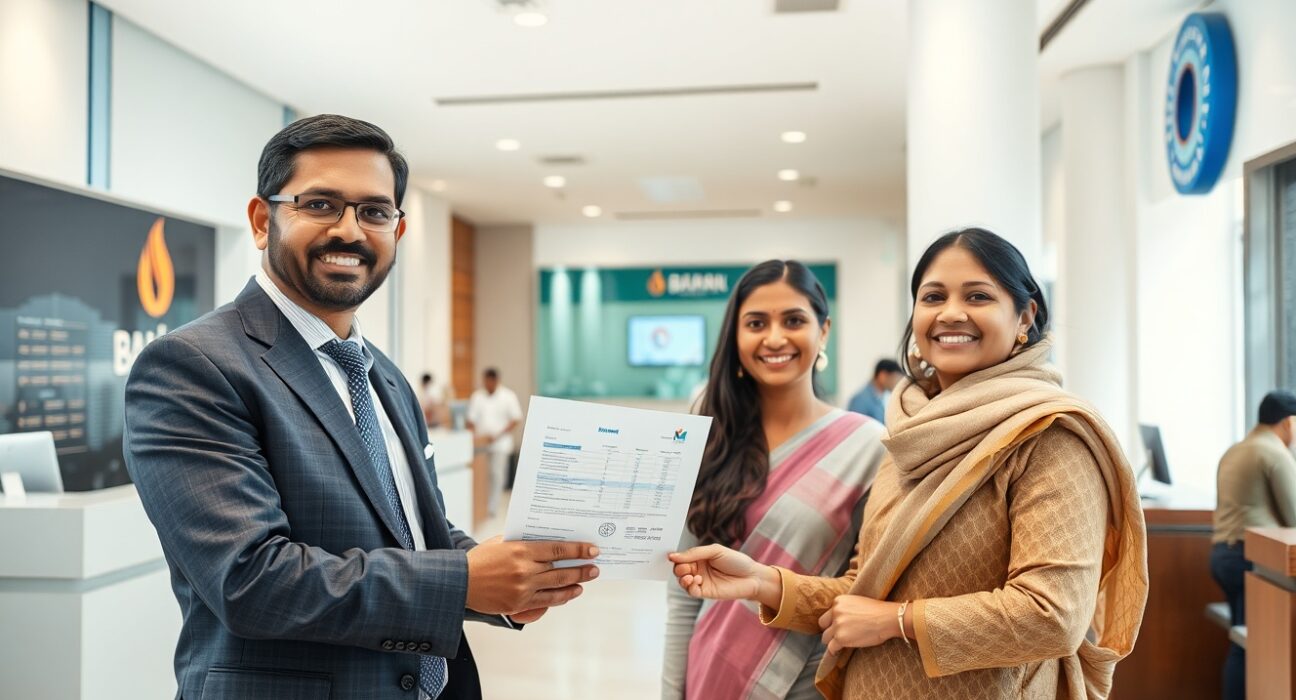 Banker handing loan documents to a couple in a modern Indian bank branch, representing rising credit growth.