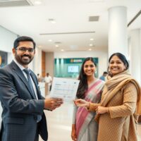 Banker handing loan documents to a couple in a modern Indian bank branch, representing rising credit growth.