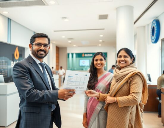 Banker handing loan documents to a couple in a modern Indian bank branch, representing rising credit growth.