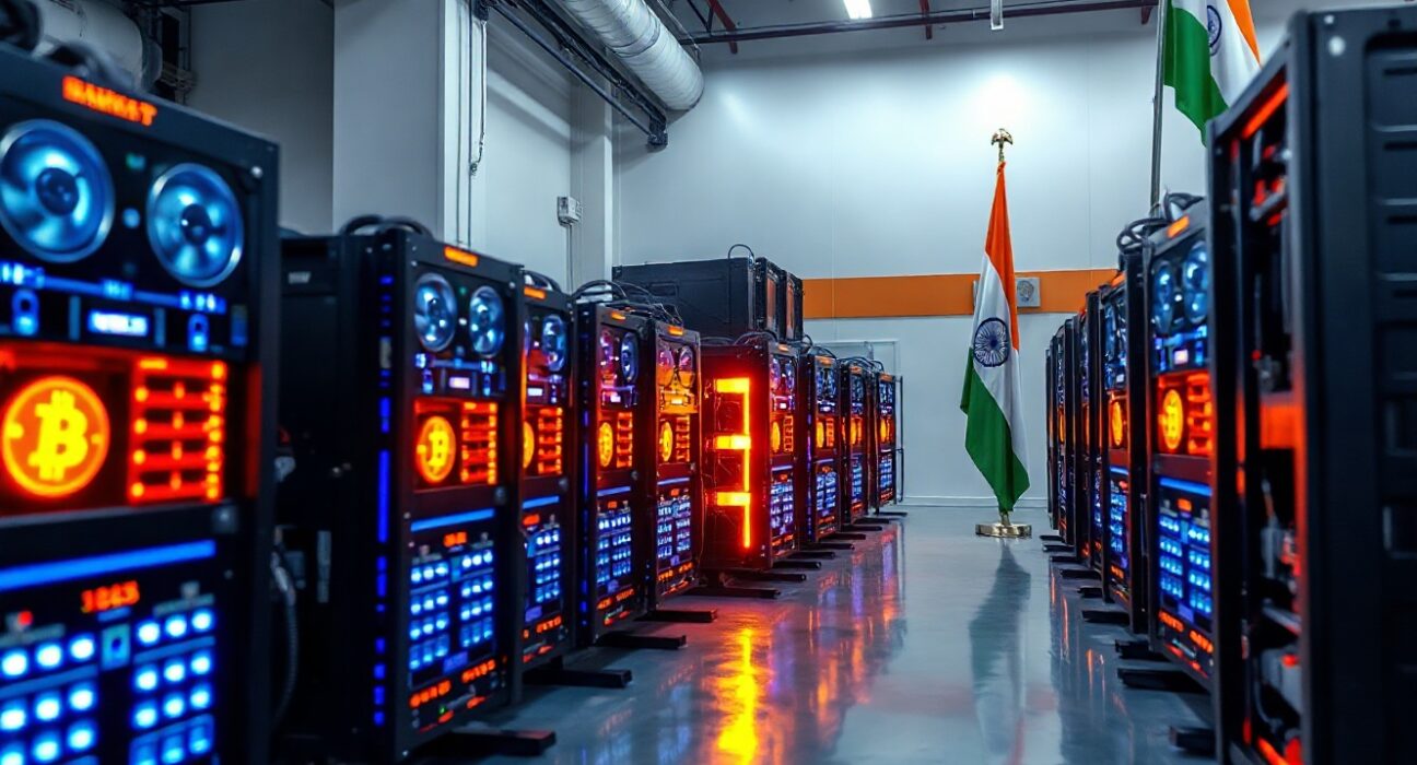 Bitcoin mining rigs in a facility in India, representing domestic crypto production