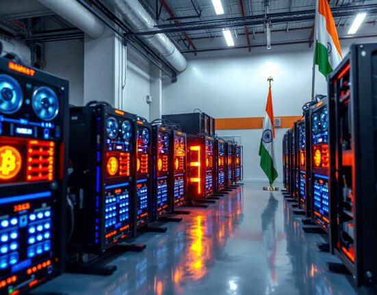 Bitcoin mining rigs in a facility in India, representing domestic crypto production