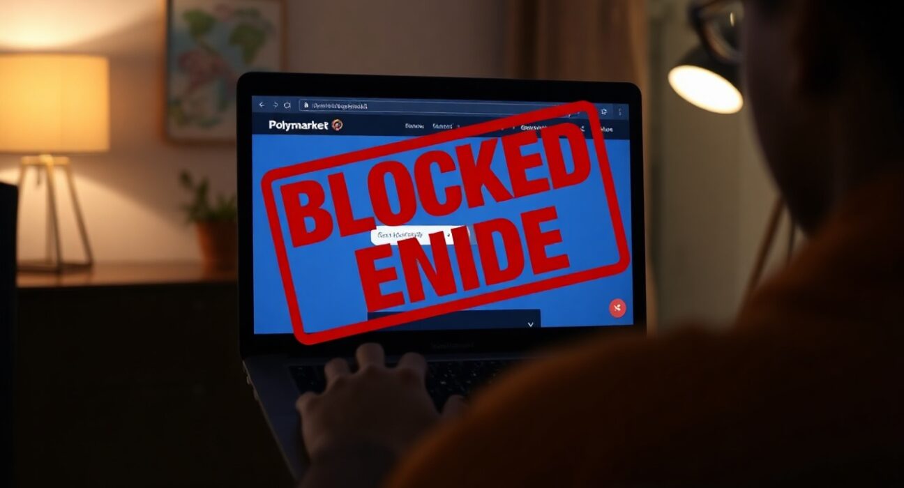 Person viewing blocked Polymarket website on laptop in India