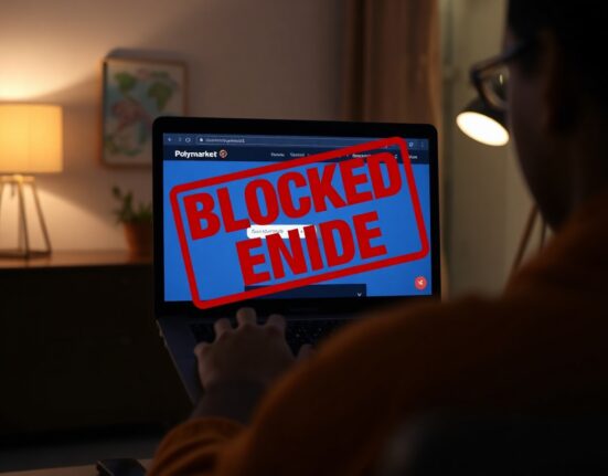 Person viewing blocked Polymarket website on laptop in India