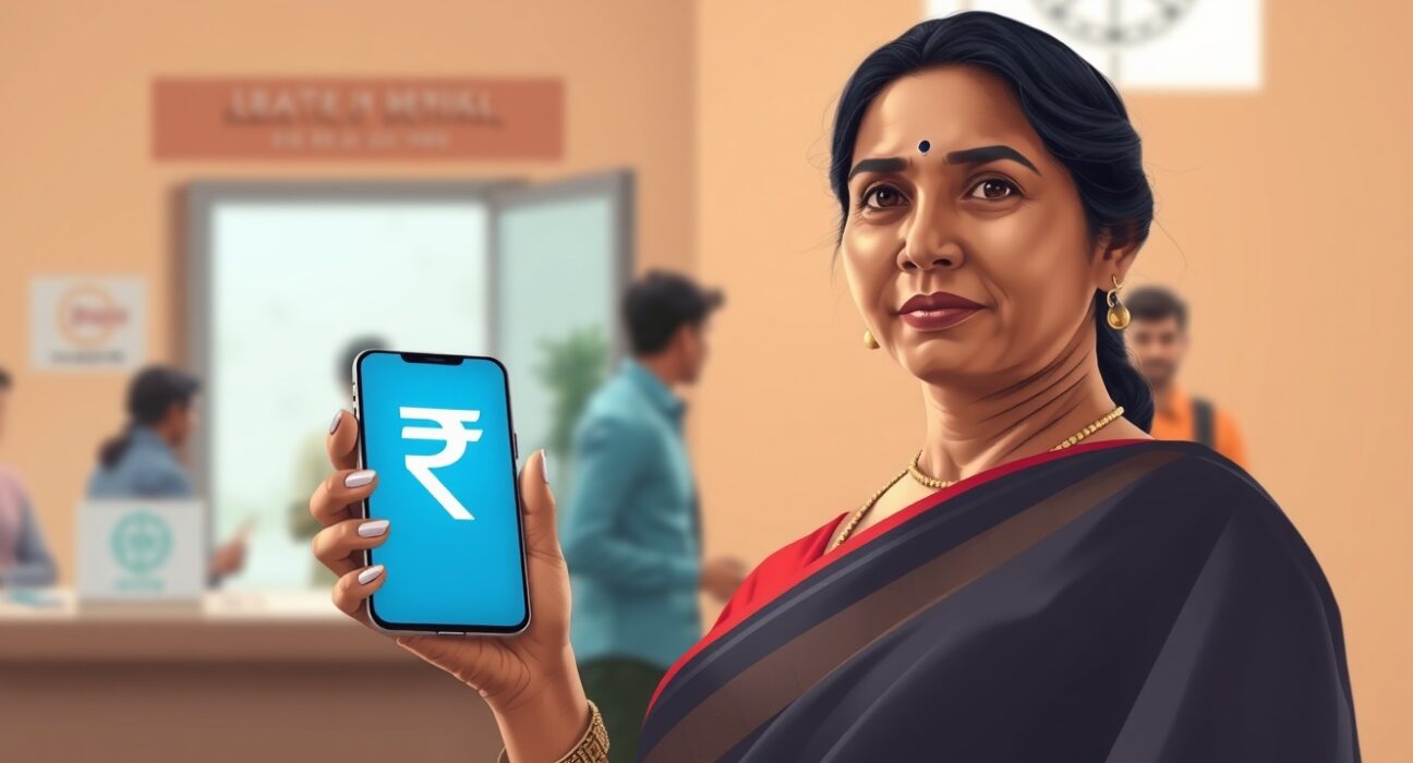 India CBDC e-rupee used for government welfare payments with a woman using a smartphone in a government office