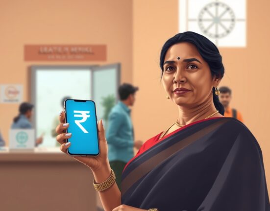 India CBDC e-rupee used for government welfare payments with a woman using a smartphone in a government office