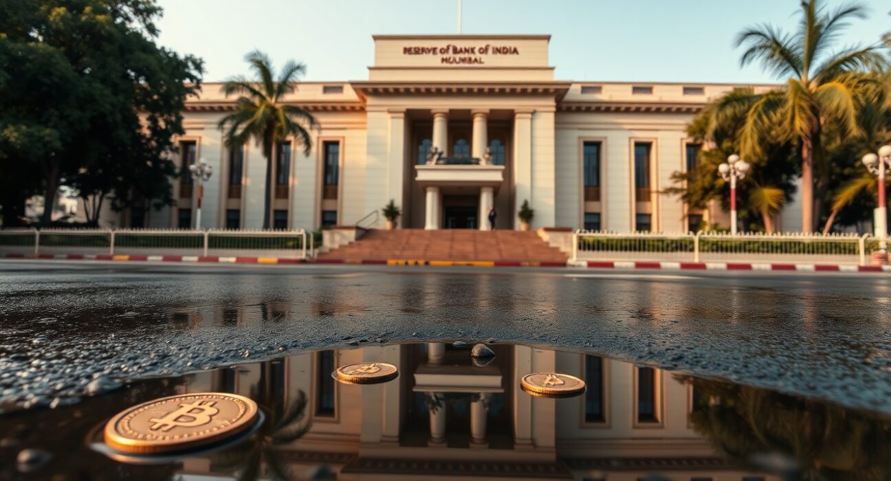 Reserve Bank of India headquarters in Mumbai with digital cryptocurrency symbols reflected in a puddle