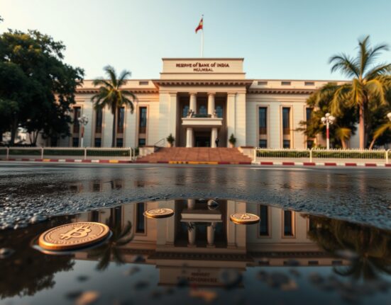 Reserve Bank of India headquarters in Mumbai with digital cryptocurrency symbols reflected in a puddle
