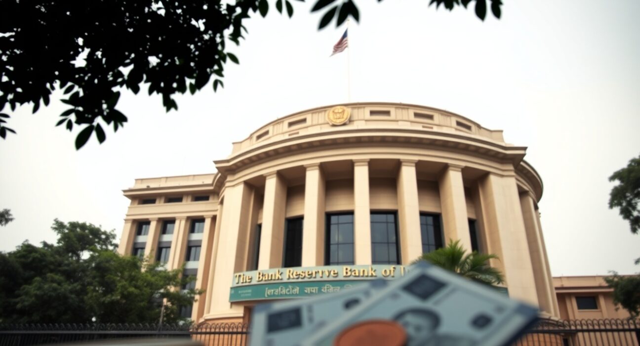 Reserve Bank of India headquarters in Mumbai on a cloudy day, representing currency policy decisions.