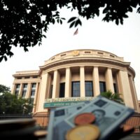 Reserve Bank of India headquarters in Mumbai on a cloudy day, representing currency policy decisions.